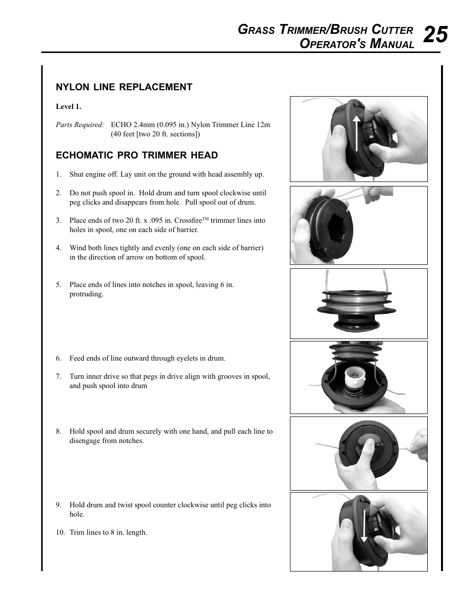 Nylon line replacement | Echo SRM - 230S User Manual | Page 25 / 36