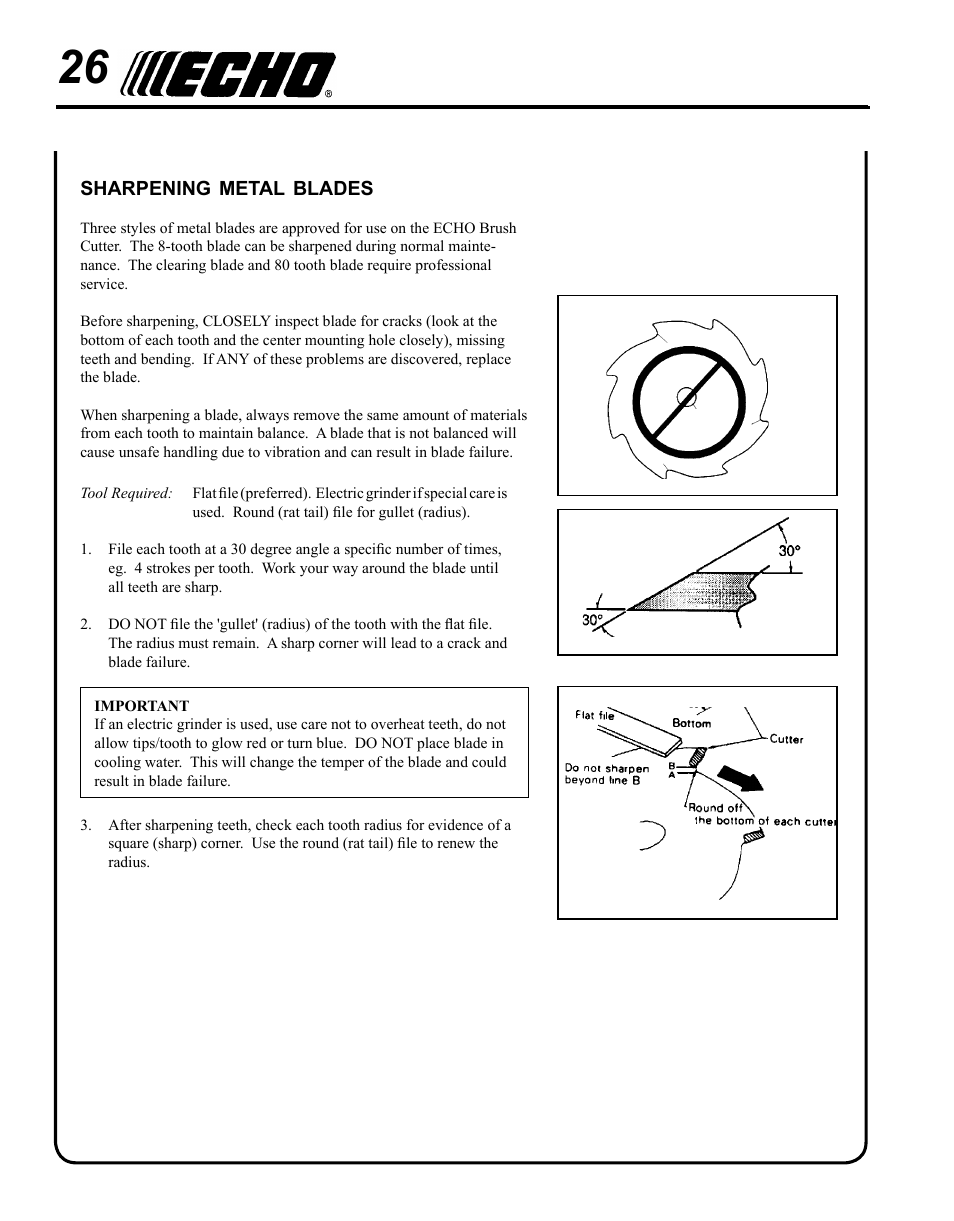Sharpening metal blades | Echo SRM - 230S User Manual | Page 26 / 36