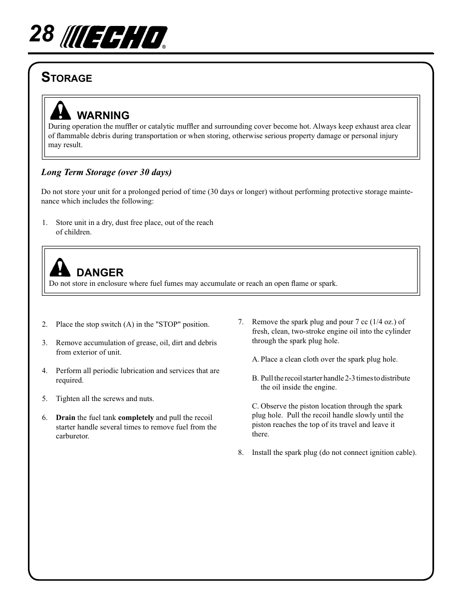 Storage, Danger, Warning | Echo SRM - 230S User Manual | Page 28 / 36