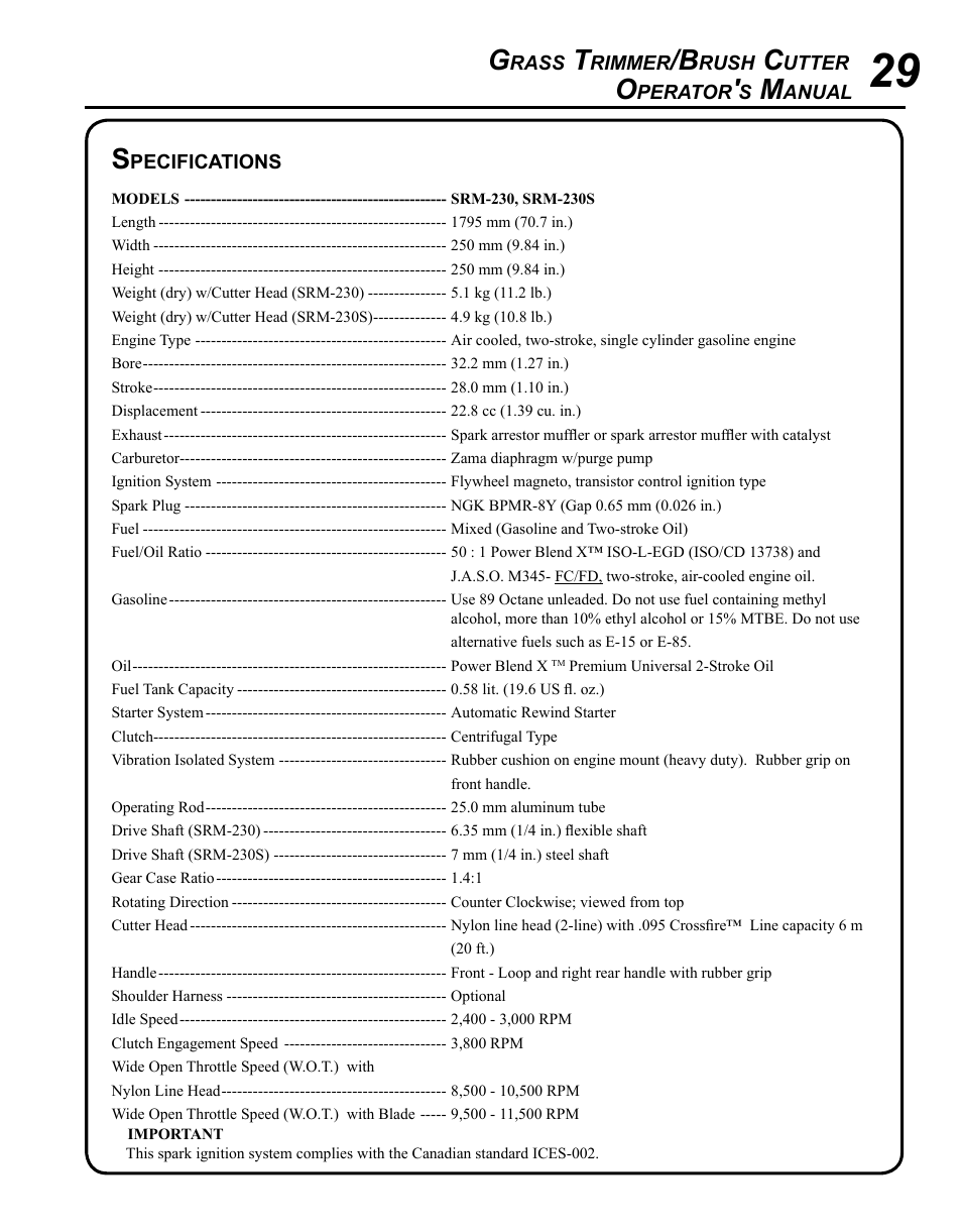 Specifications | Echo SRM - 230S User Manual | Page 29 / 36