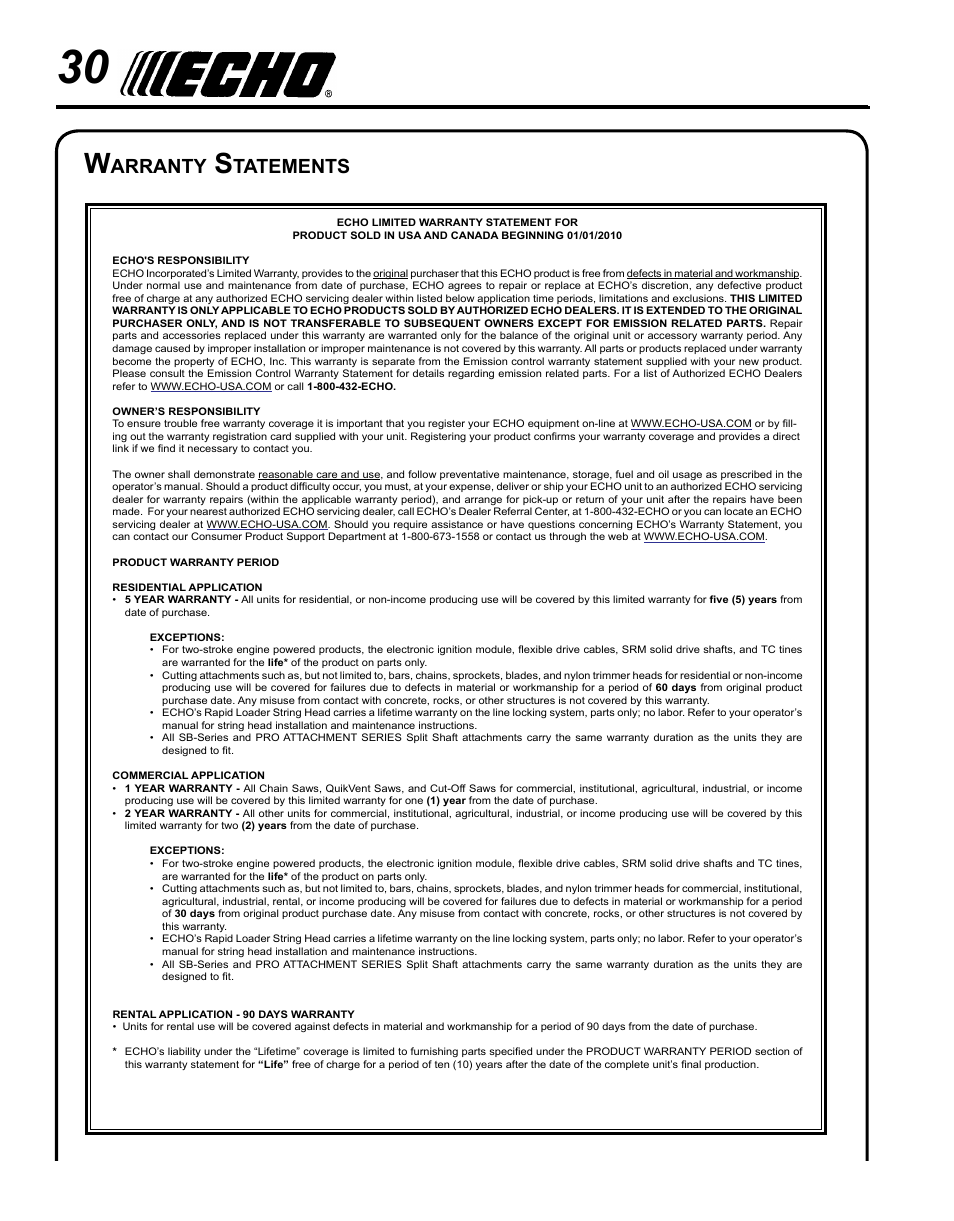 Warranty statements, Arranty, Tatements | Echo SRM - 230S User Manual | Page 30 / 36