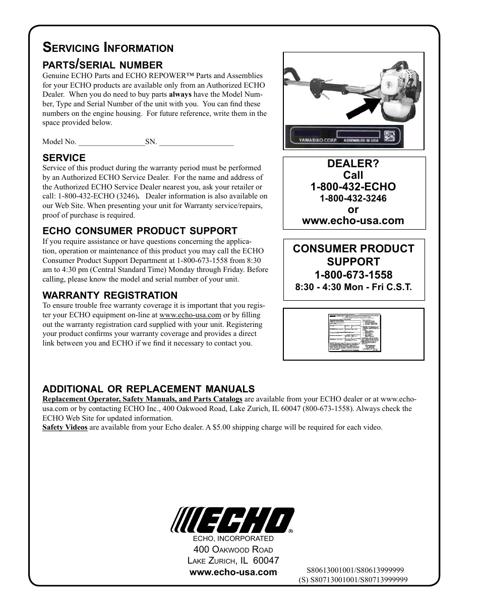 Servicing information | Echo SRM - 230S User Manual | Page 36 / 36