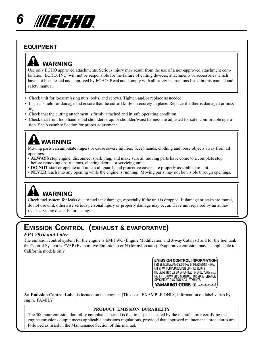 Emission control (exhaust & evaporative) | Echo SRM - 230S User Manual | Page 6 / 36
