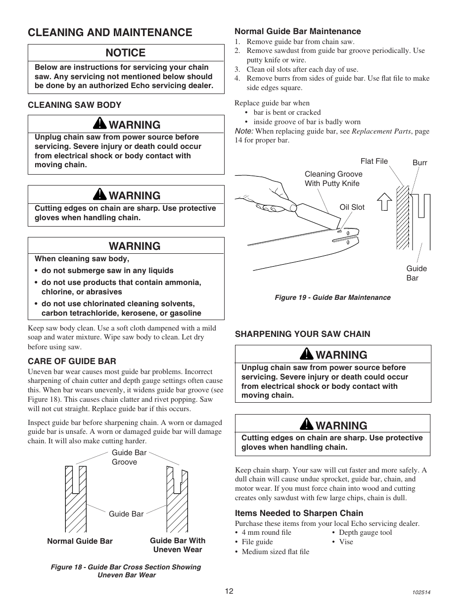 Cleaning and maintenance notice, Warning | Echo ECS-2000 User Manual | Page 12 / 16