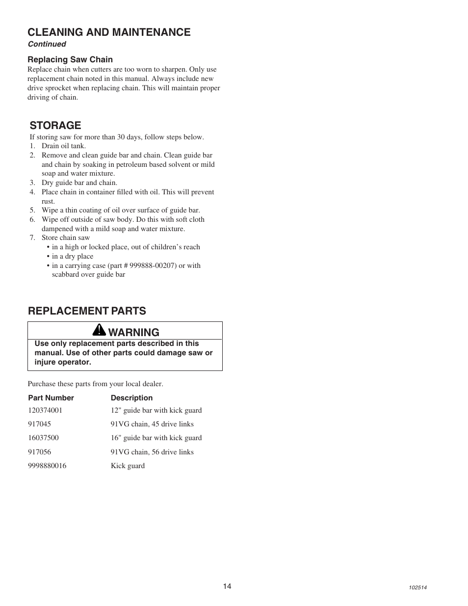 Cleaning and maintenance, Storage, Replacement parts | Warning | Echo ECS-2000 User Manual | Page 14 / 16