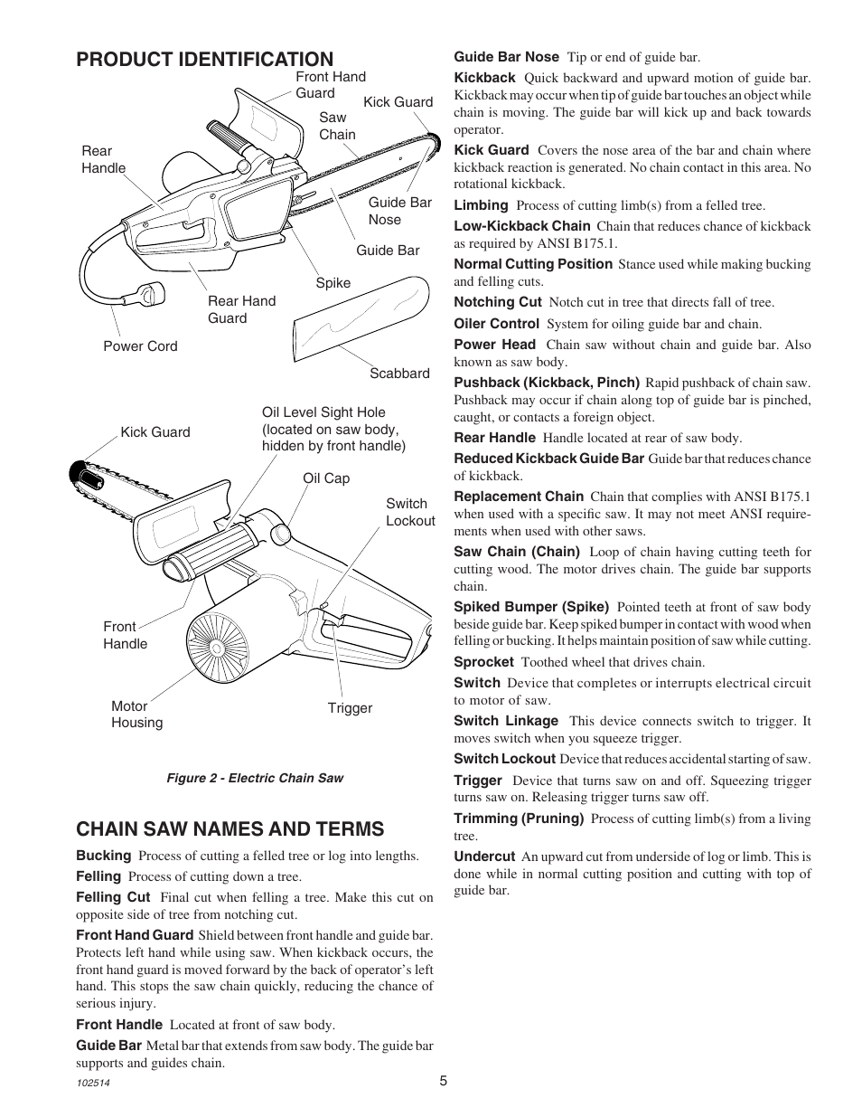 Chain saw names and terms, Product identification | Echo ECS-2000 User Manual | Page 5 / 16