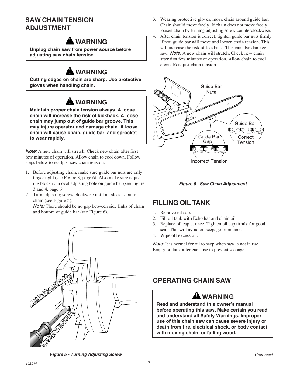 Saw chain tension adjustment, Warning, Filling oil tank | Operating chain saw | Echo ECS-2000 User Manual | Page 7 / 16