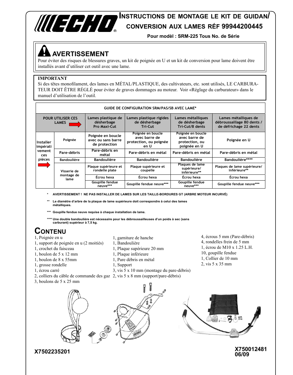 Avertissement, Nstructions, Montage | Guidan, Conversion, Lames, Ontenu | Echo SRM-225 User Manual | Page 17 / 24