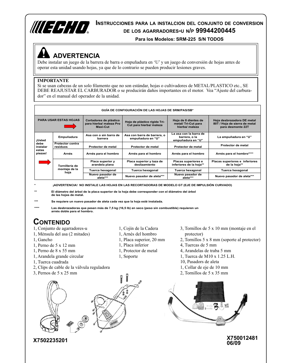 Advertencia, Ontenido | Echo SRM-225 User Manual | Page 9 / 24