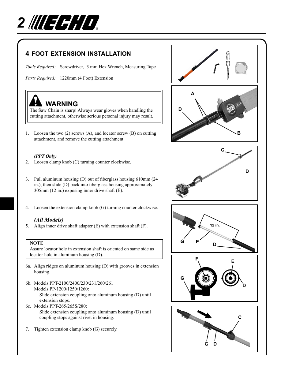 Warning | Echo 99946400023 User Manual | Page 2 / 4