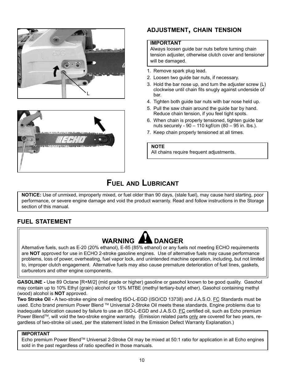 Warning danger | Echo CS-301 User Manual | Page 10 / 28