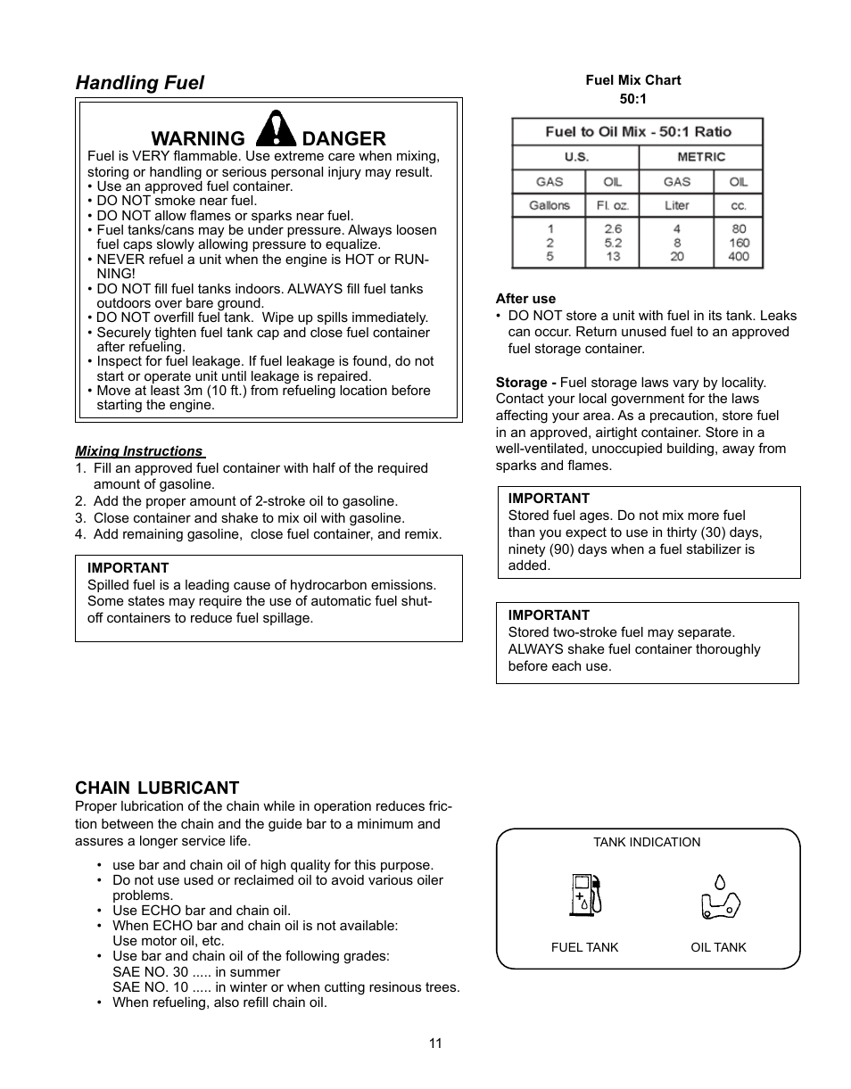 Handling fuel, Warning danger, Chain | Lubricant | Echo CS-301 User Manual | Page 11 / 28