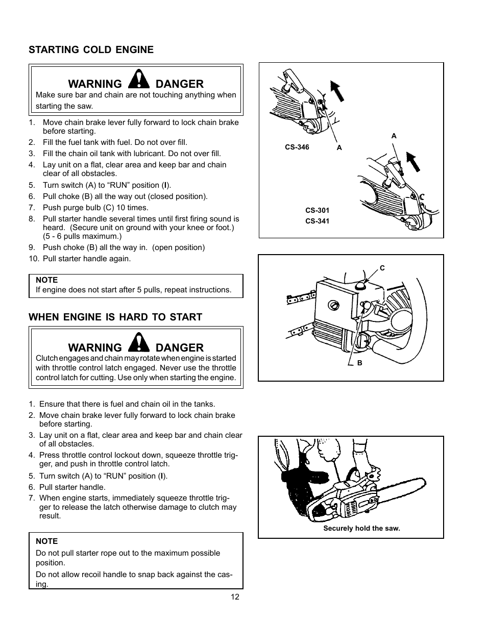 Warning danger | Echo CS-301 User Manual | Page 12 / 28