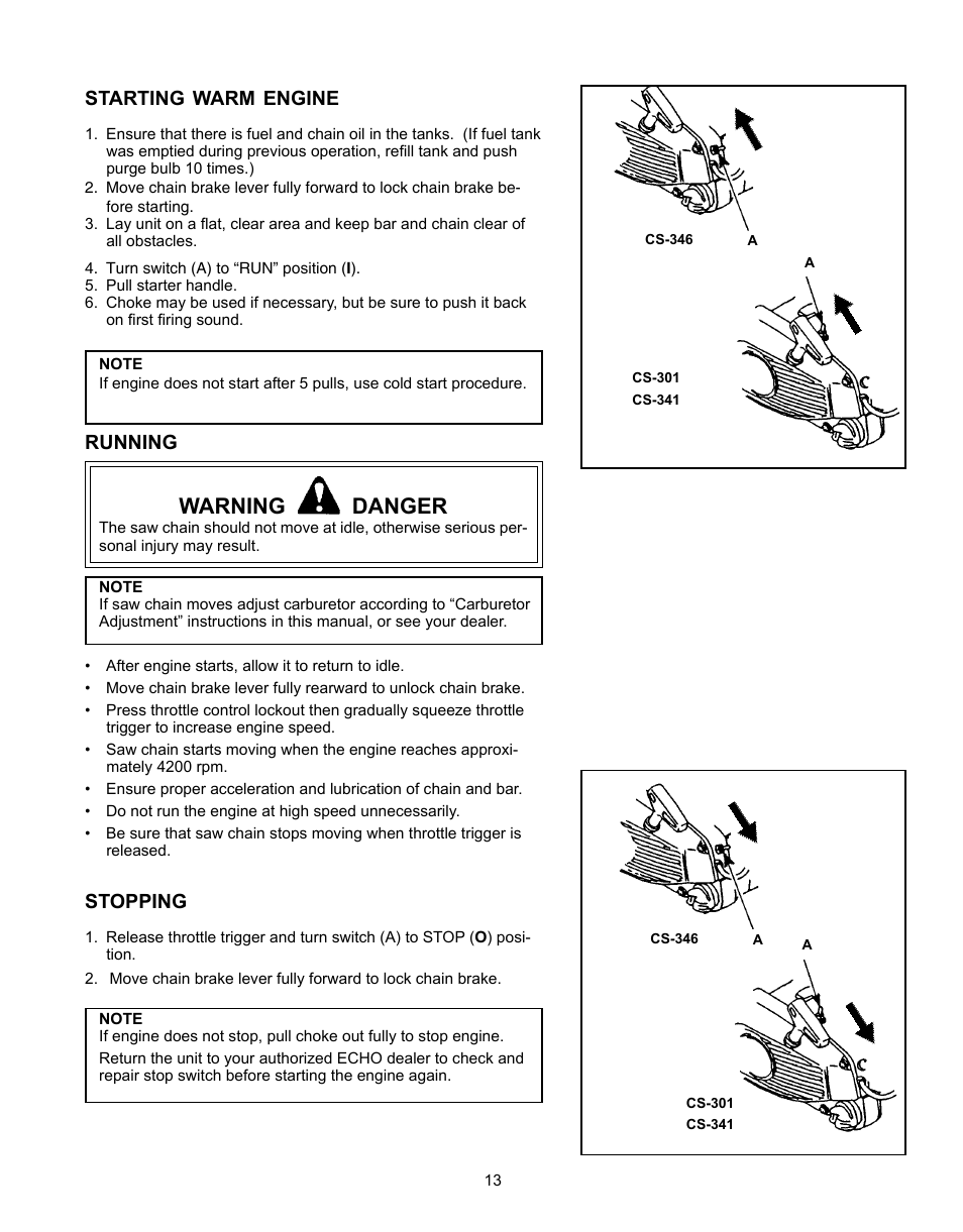 Warning danger | Echo CS-301 User Manual | Page 13 / 28