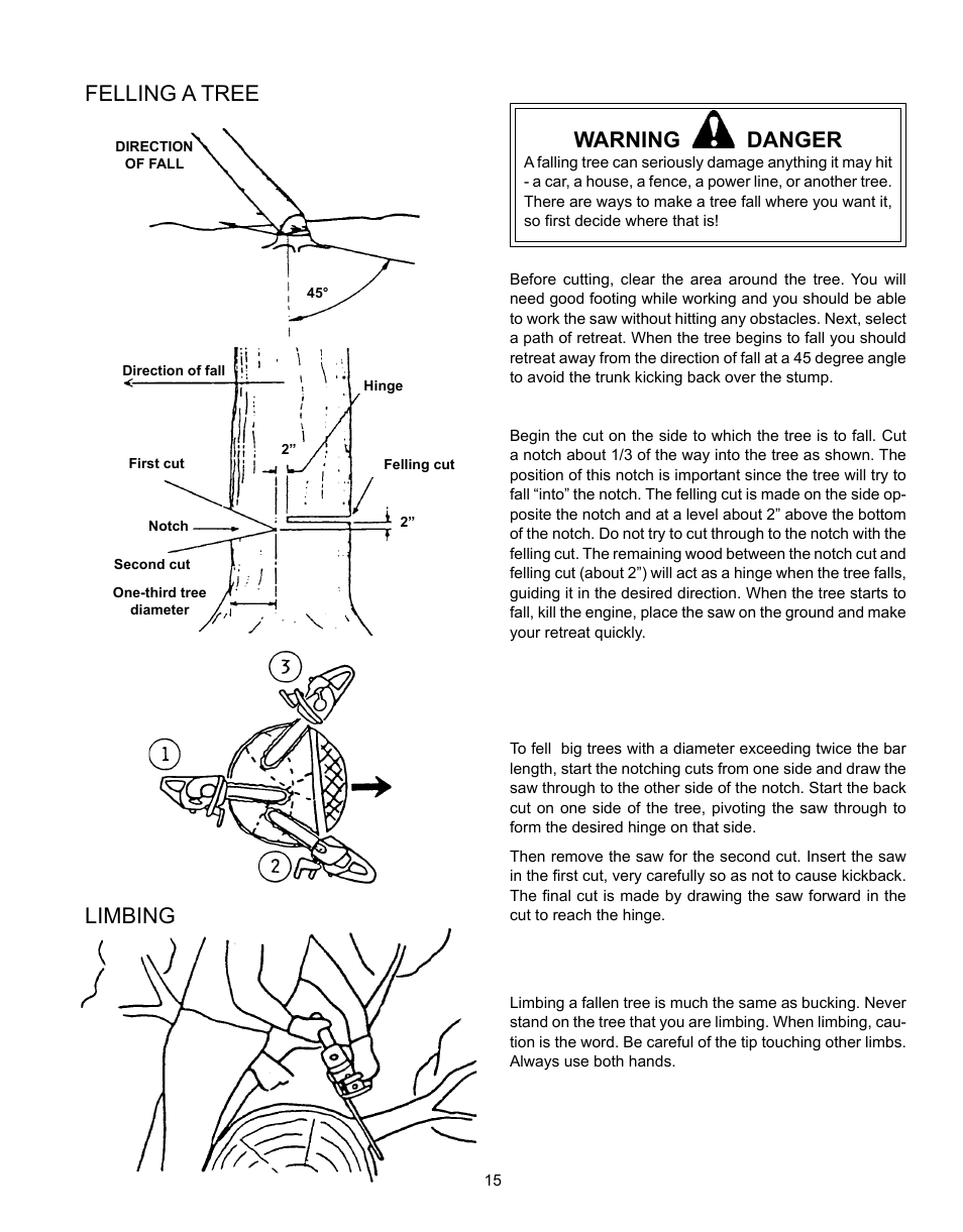 Warning danger, Felling a tree, Limbing | Echo CS-301 User Manual | Page 15 / 28