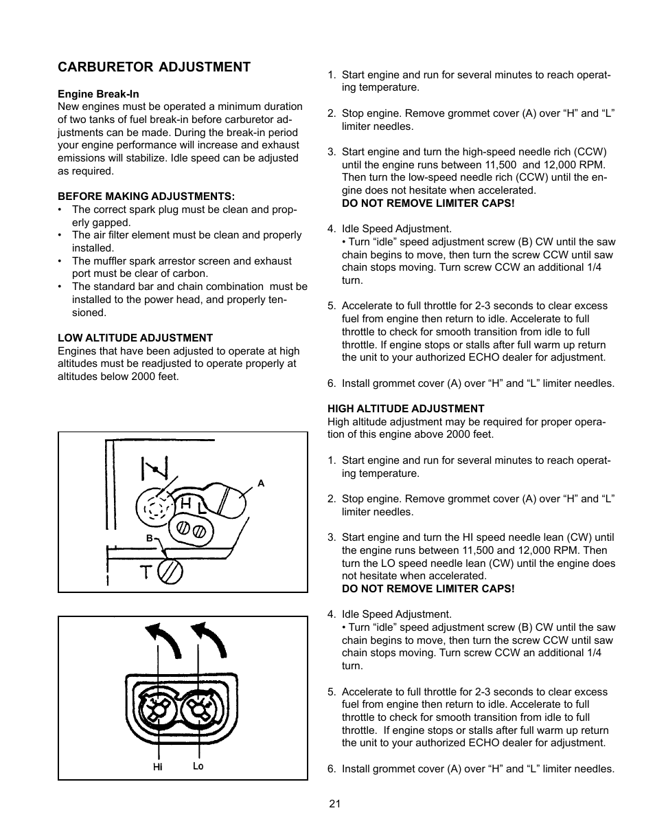 Carburetor, Adjustment | Echo CS-301 User Manual | Page 21 / 28