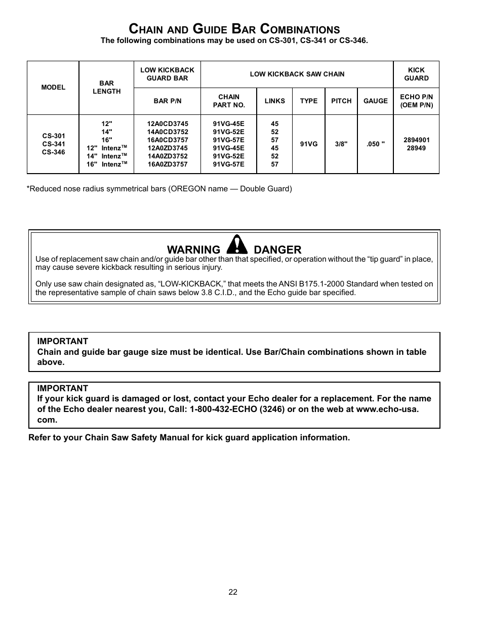 Warning danger, Hain, Uide | Ombinations | Echo CS-301 User Manual | Page 22 / 28