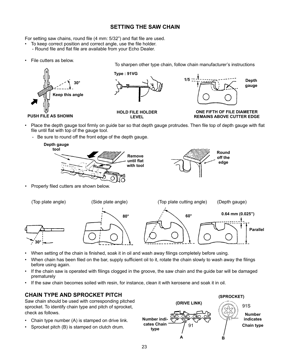 Setting the saw chain, Chain type and sprocket pitch | Echo CS-301 User Manual | Page 23 / 28