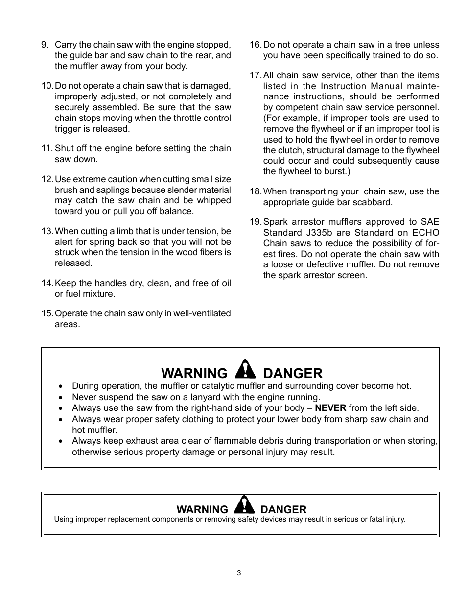 Warning danger | Echo CS-301 User Manual | Page 3 / 28