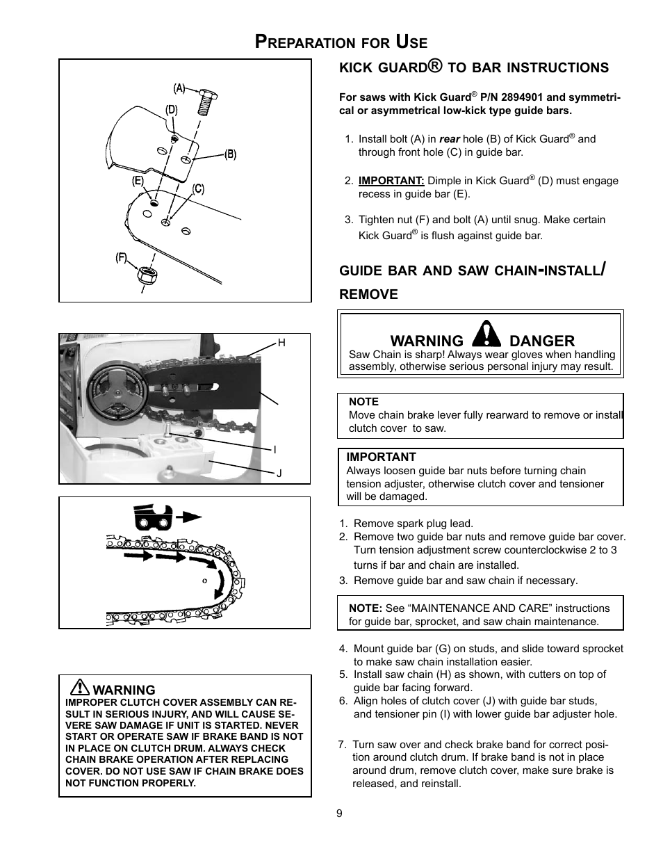 Warning danger | Echo CS-301 User Manual | Page 9 / 28