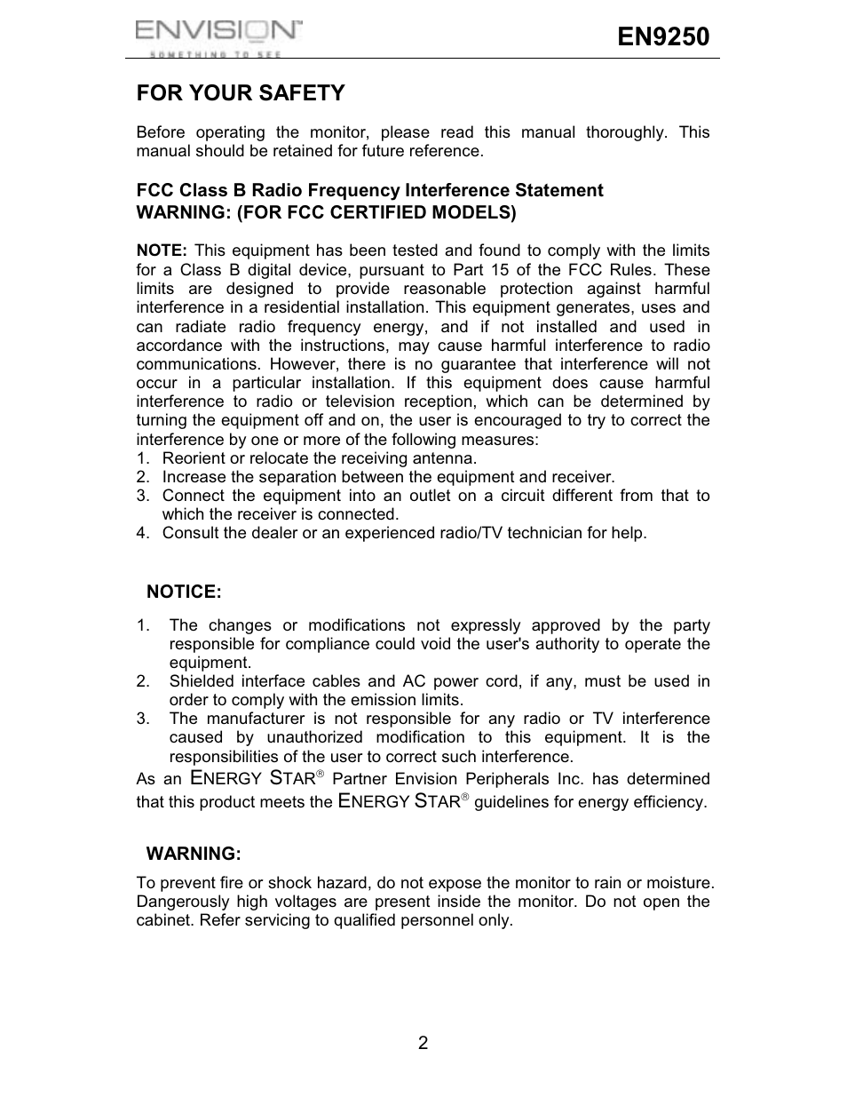 En9250, For your safety | Envision Peripherals EN9250 User Manual | Page 3 / 25