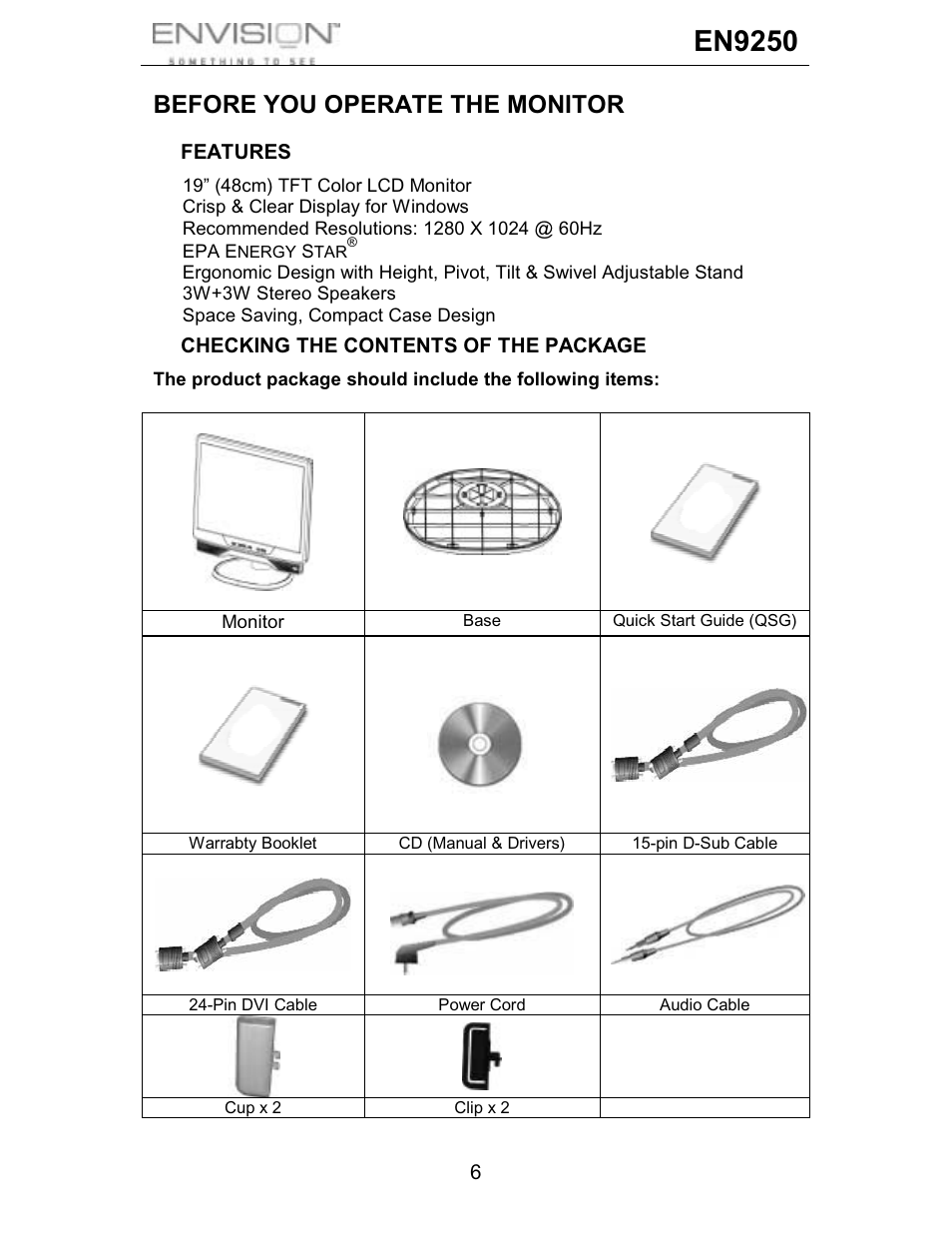 En9250, Before you operate the monitor | Envision Peripherals EN9250 User Manual | Page 7 / 25