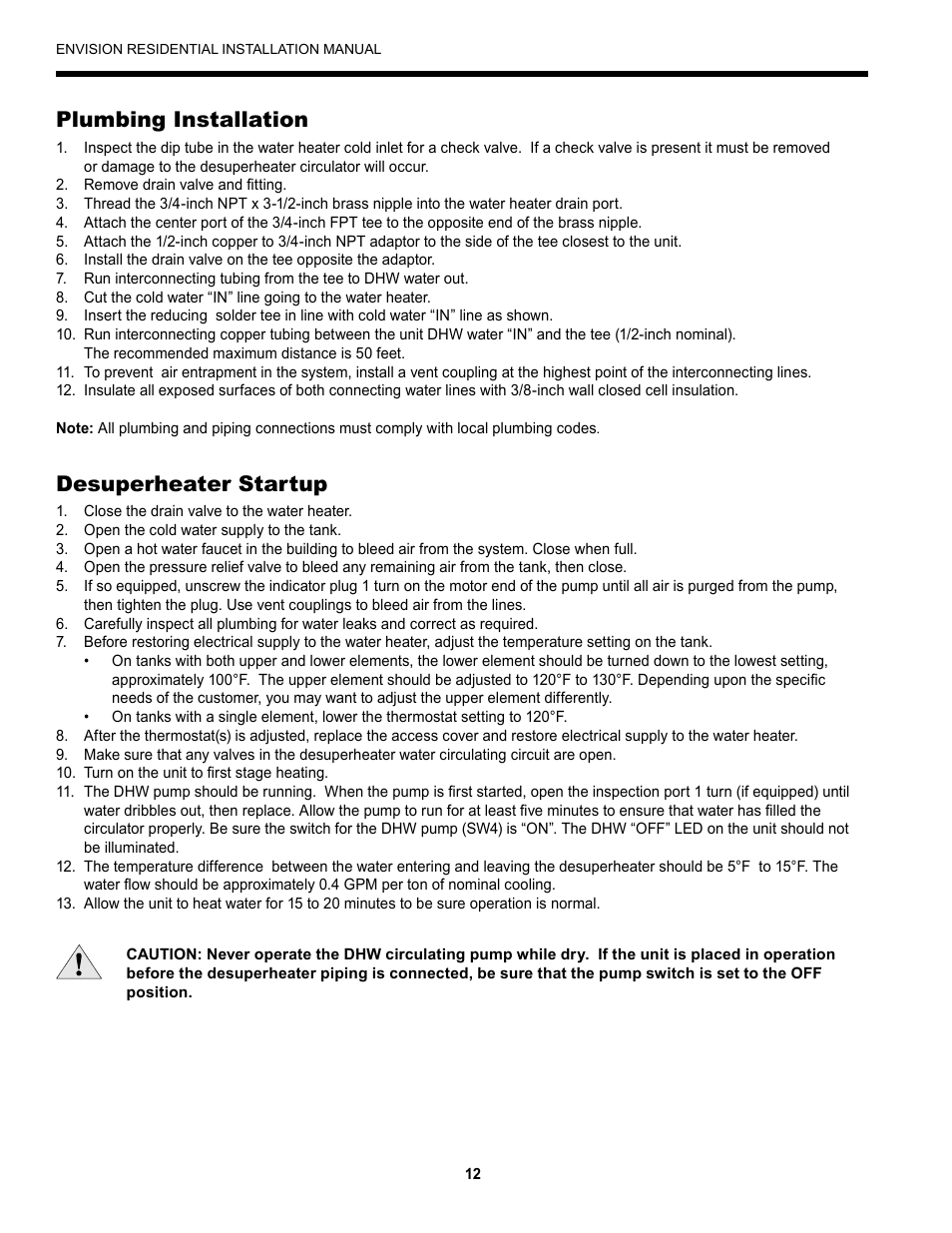 Plumbing installation, Desuperheater startup | Envision Peripherals R-410A User Manual | Page 12 / 40