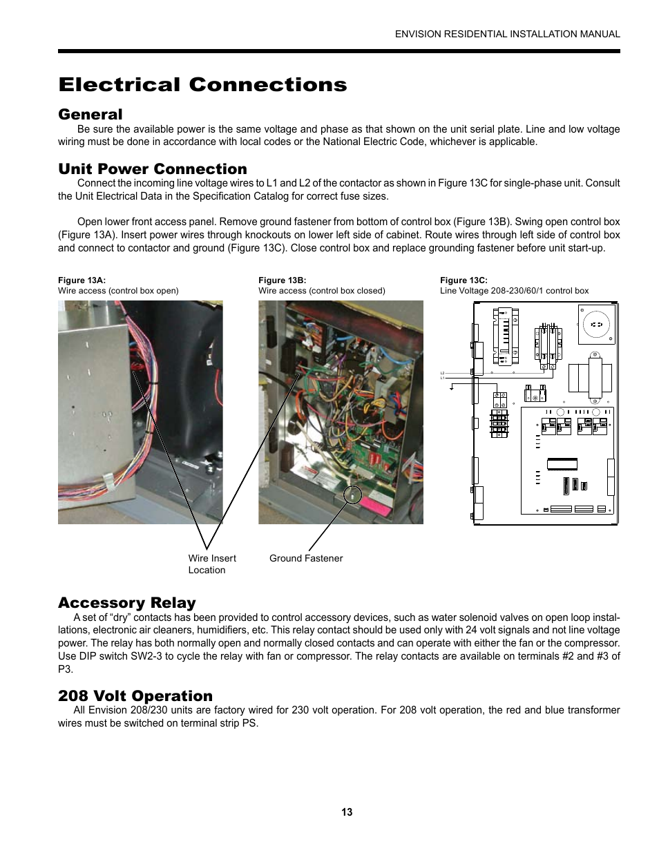 Electrical connections, General, Unit power connection | Accessory relay, 208 volt operation | Envision Peripherals R-410A User Manual | Page 13 / 40