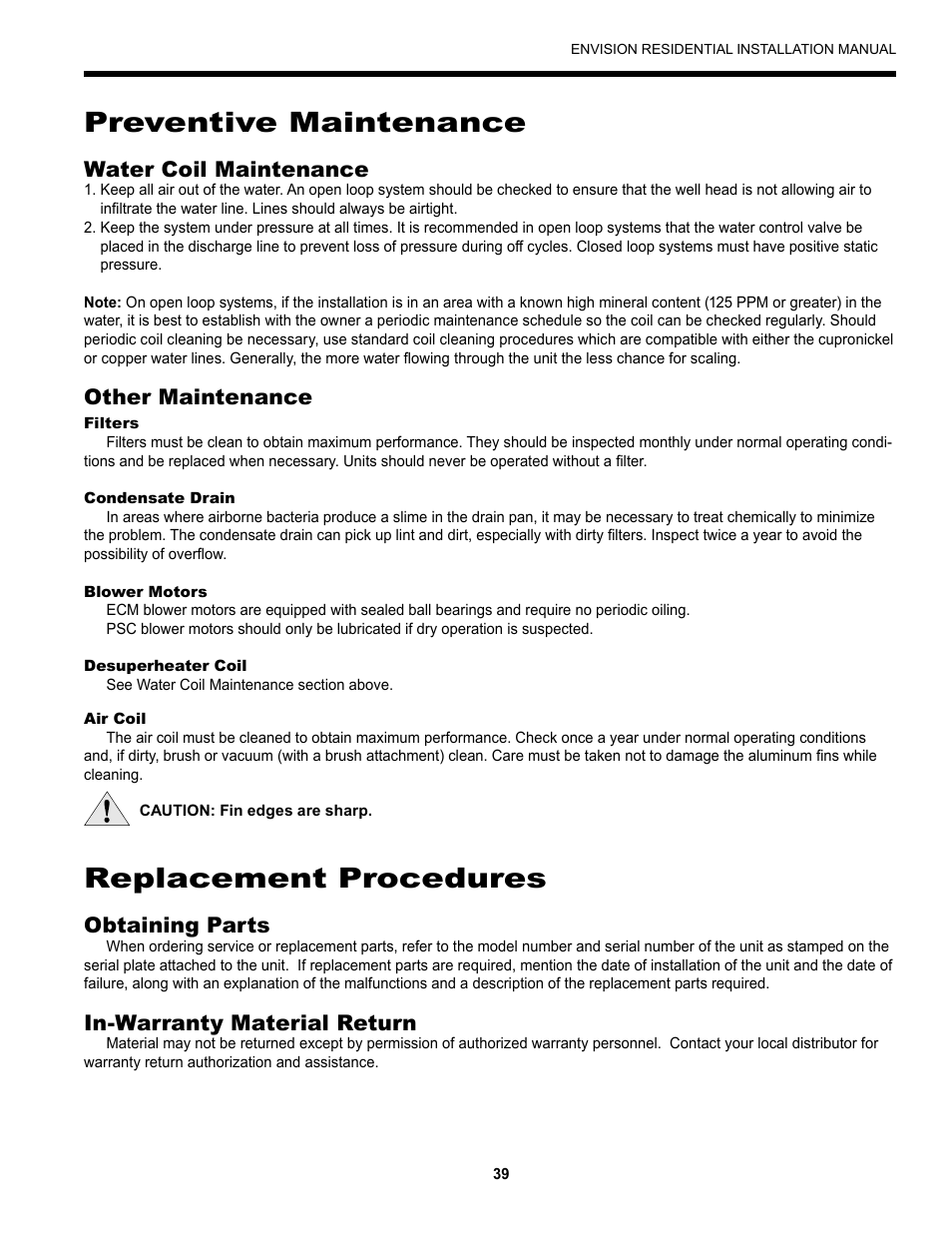 Preventive maintenance, Replacement procedures, Water coil maintenance | Other maintenance, Obtaining parts, In-warranty material return | Envision Peripherals R-410A User Manual | Page 39 / 40