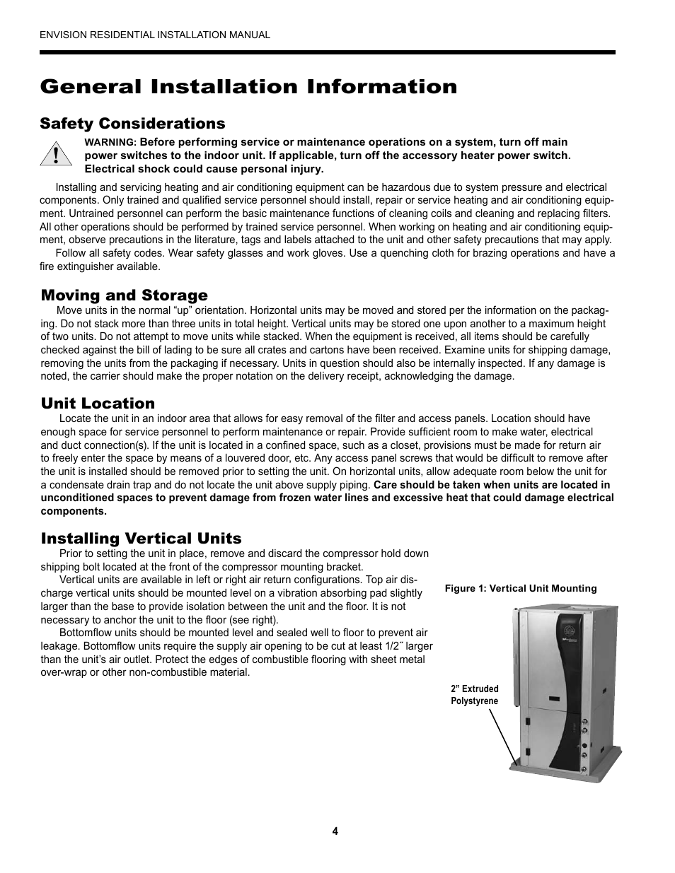 General installation information, Moving and storage, Unit location | Installing vertical units, Safety considerations | Envision Peripherals R-410A User Manual | Page 4 / 40