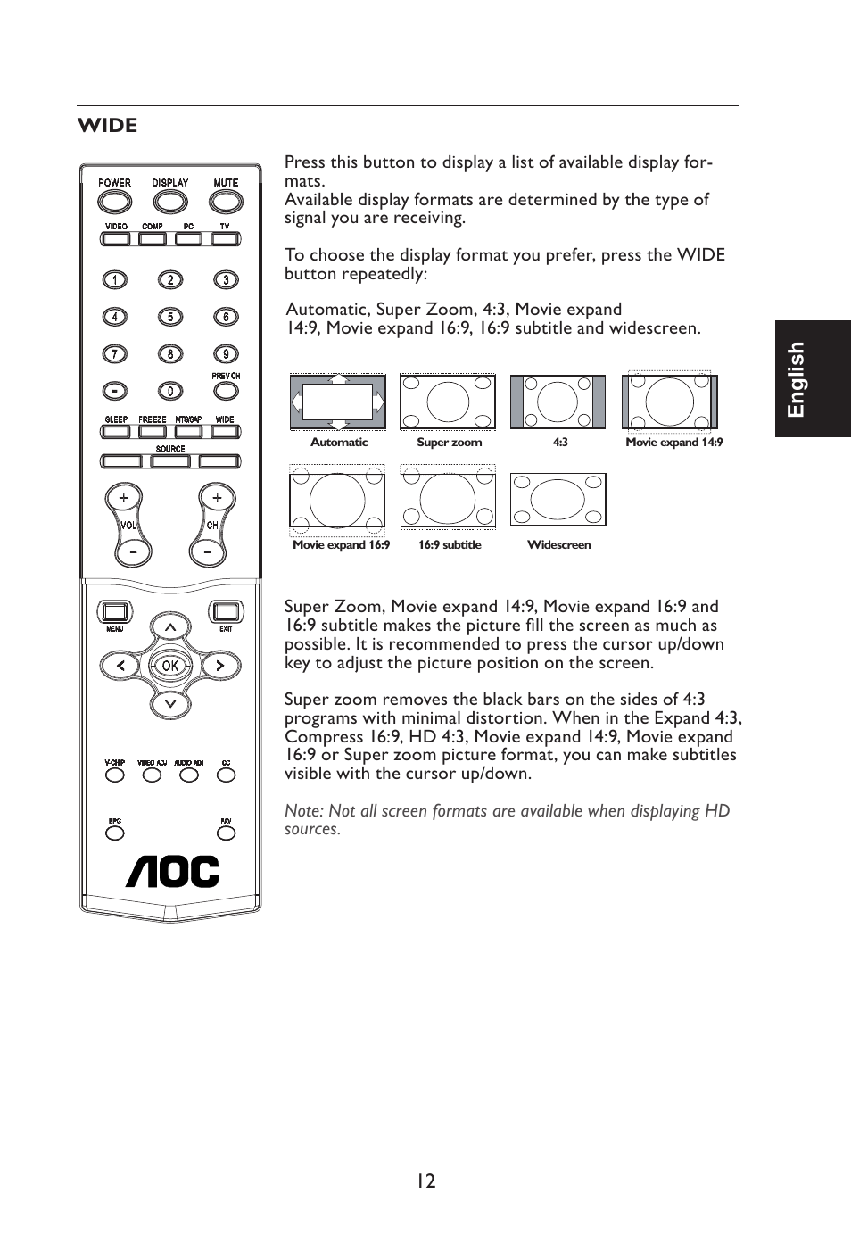 English, Wide | Envision Peripherals L42H761 User Manual | Page 14 / 37