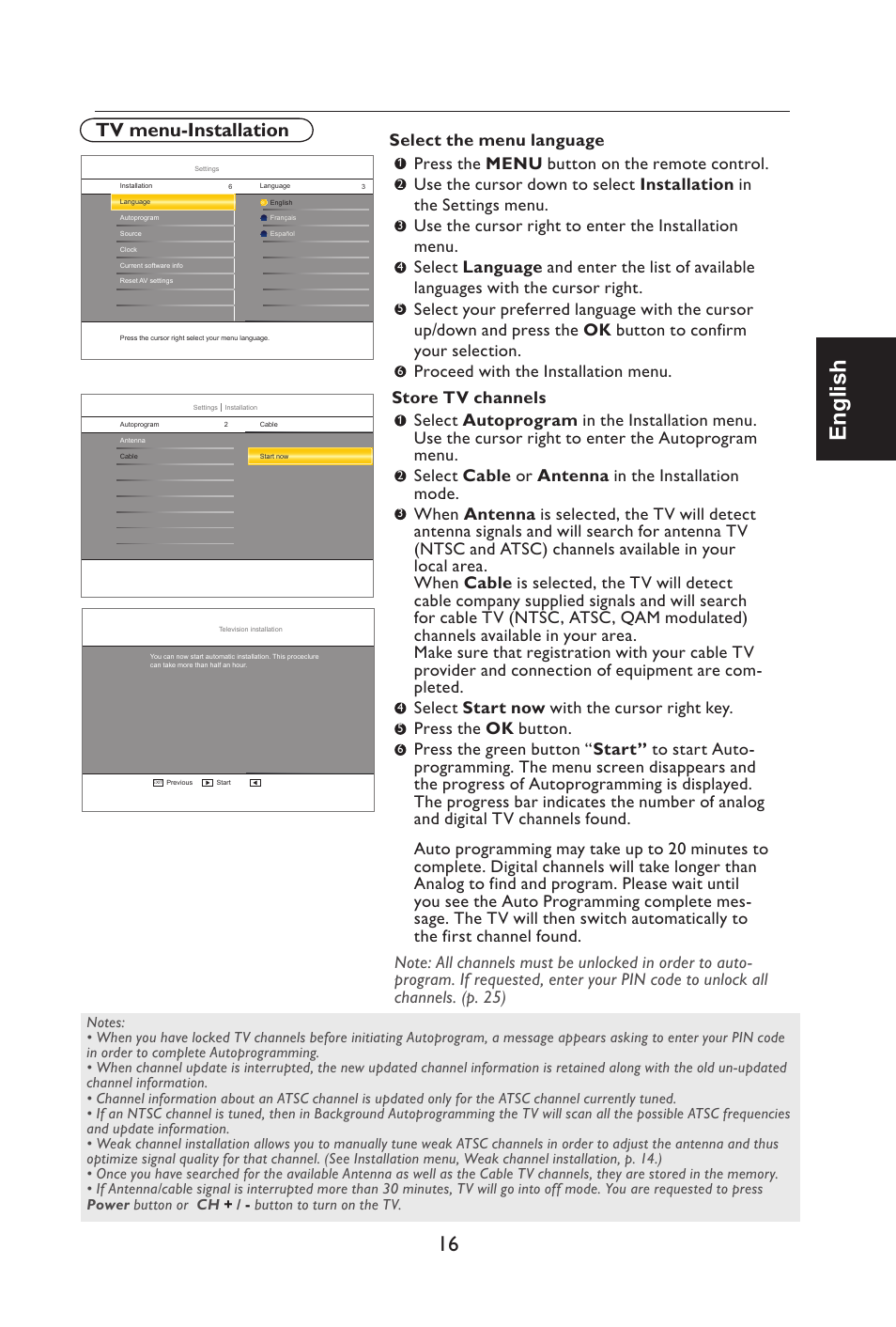 English, Tv menu-installation, Select the menu language | Press the menu button on the remote control, Select cable or antenna in the installation mode, Select start now with the cursor right key, Press the ok button | Envision Peripherals L42H761 User Manual | Page 18 / 37