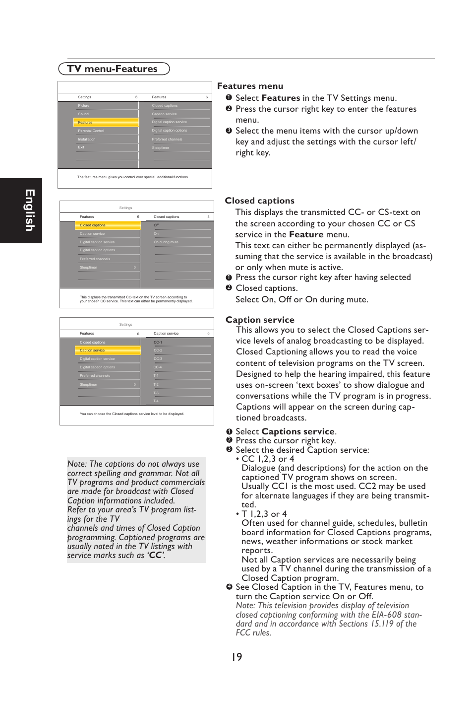English, Tv menu-features | Envision Peripherals L42H761 User Manual | Page 21 / 37