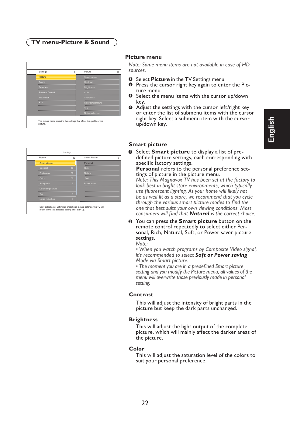 English, Tv menu-picture & sound | Envision Peripherals L42H761 User Manual | Page 24 / 37