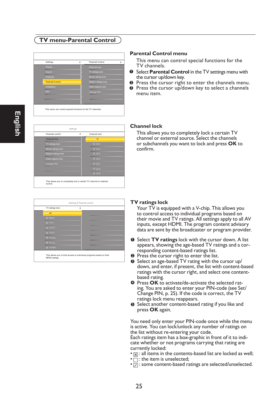 English, Tv menu-parental control | Envision Peripherals L42H761 User Manual | Page 27 / 37