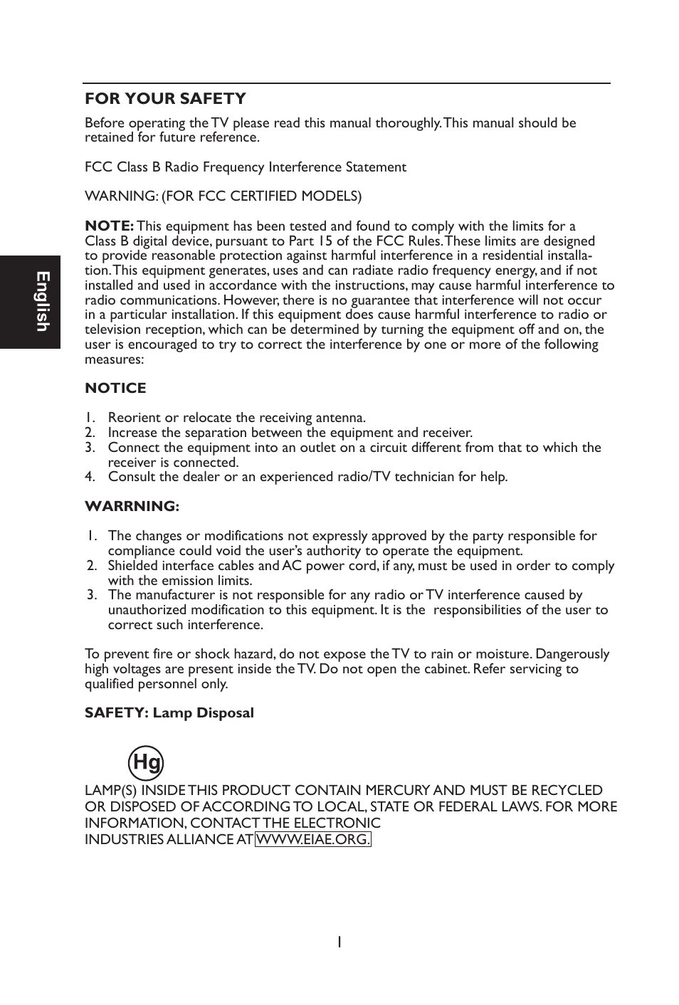 English | Envision Peripherals L42H761 User Manual | Page 3 / 37