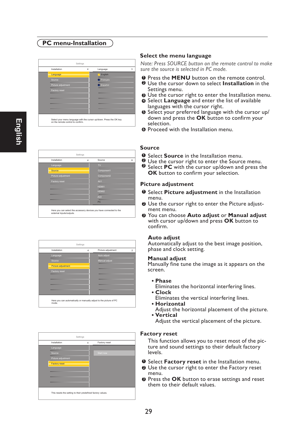 English, Pc menu-installation | Envision Peripherals L42H761 User Manual | Page 31 / 37