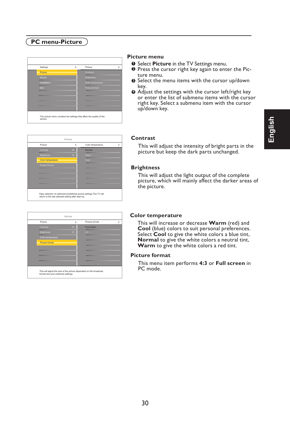 English, Pc menu-picture | Envision Peripherals L42H761 User Manual | Page 32 / 37