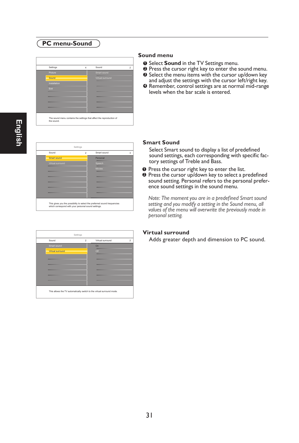 English, Pc menu-sound, Adds greater depth and dimension to pc sound | Envision Peripherals L42H761 User Manual | Page 33 / 37