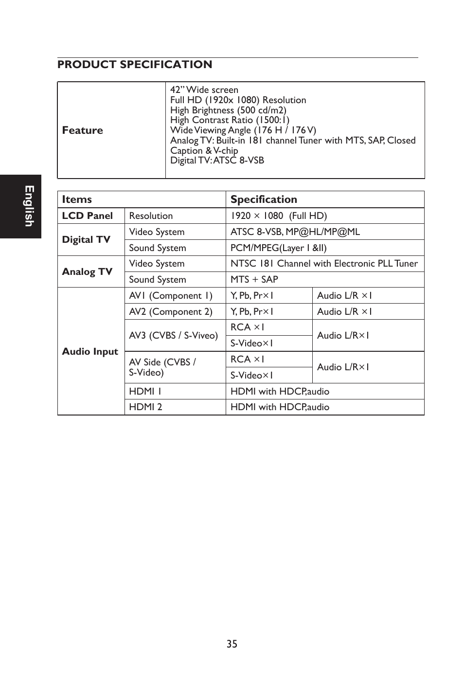 English | Envision Peripherals L42H761 User Manual | Page 37 / 37