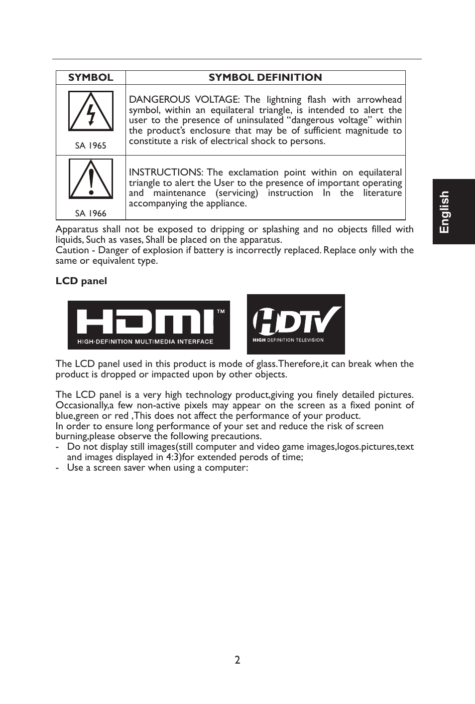 English | Envision Peripherals L42H761 User Manual | Page 4 / 37