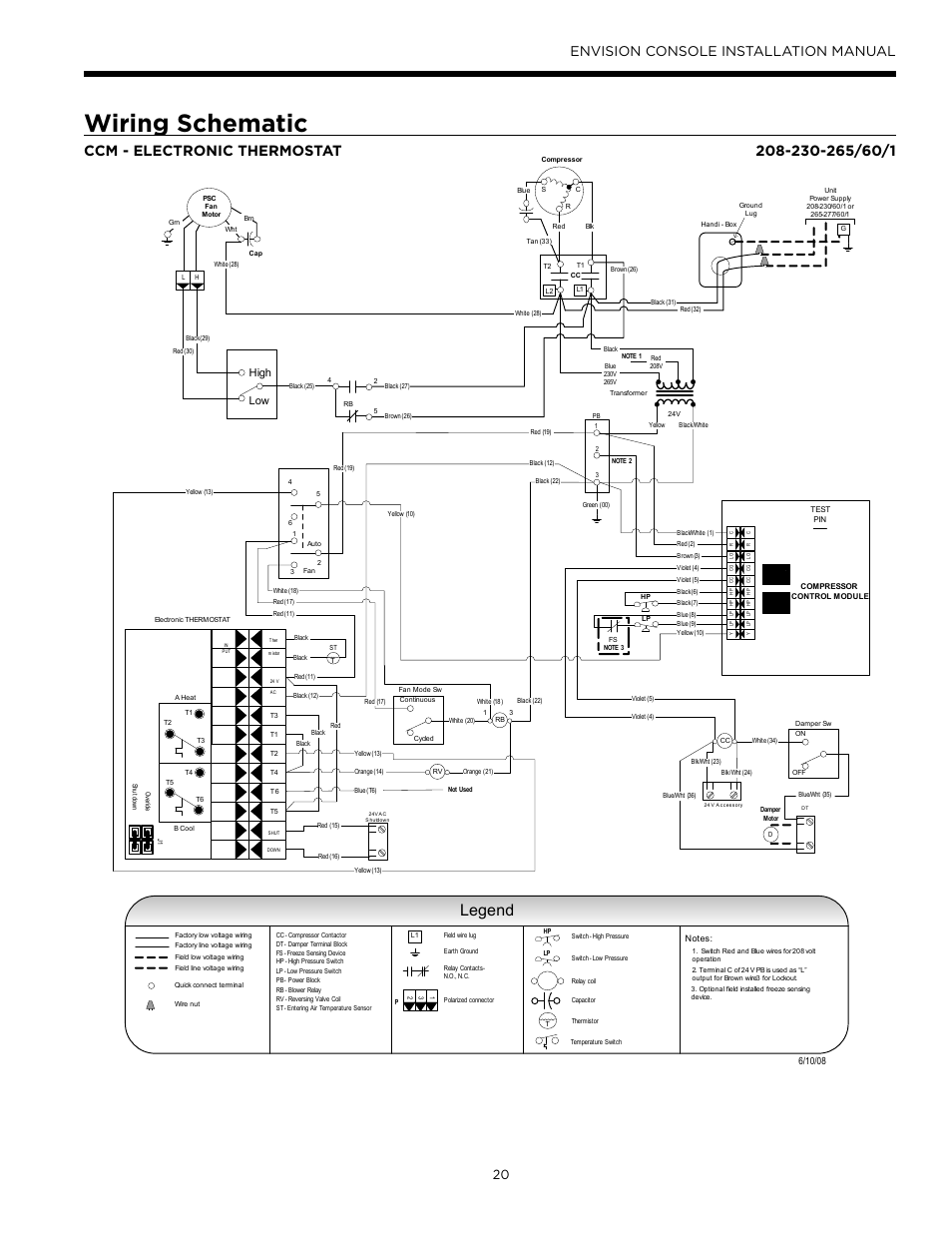 Wiring schematic, Legend, Envision console installation manual | Ccm – with electronic stat, High low | Envision Peripherals Water-Furnace IM1609 10 User Manual | Page 21 / 48