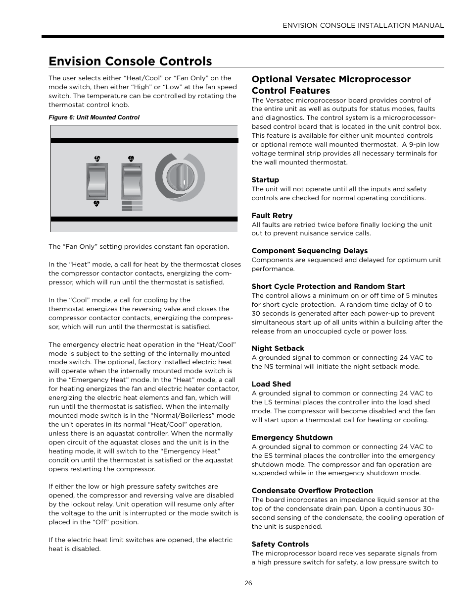 Envision console controls, Optional versatec microprocessor control features | Envision Peripherals Water-Furnace IM1609 10 User Manual | Page 27 / 48