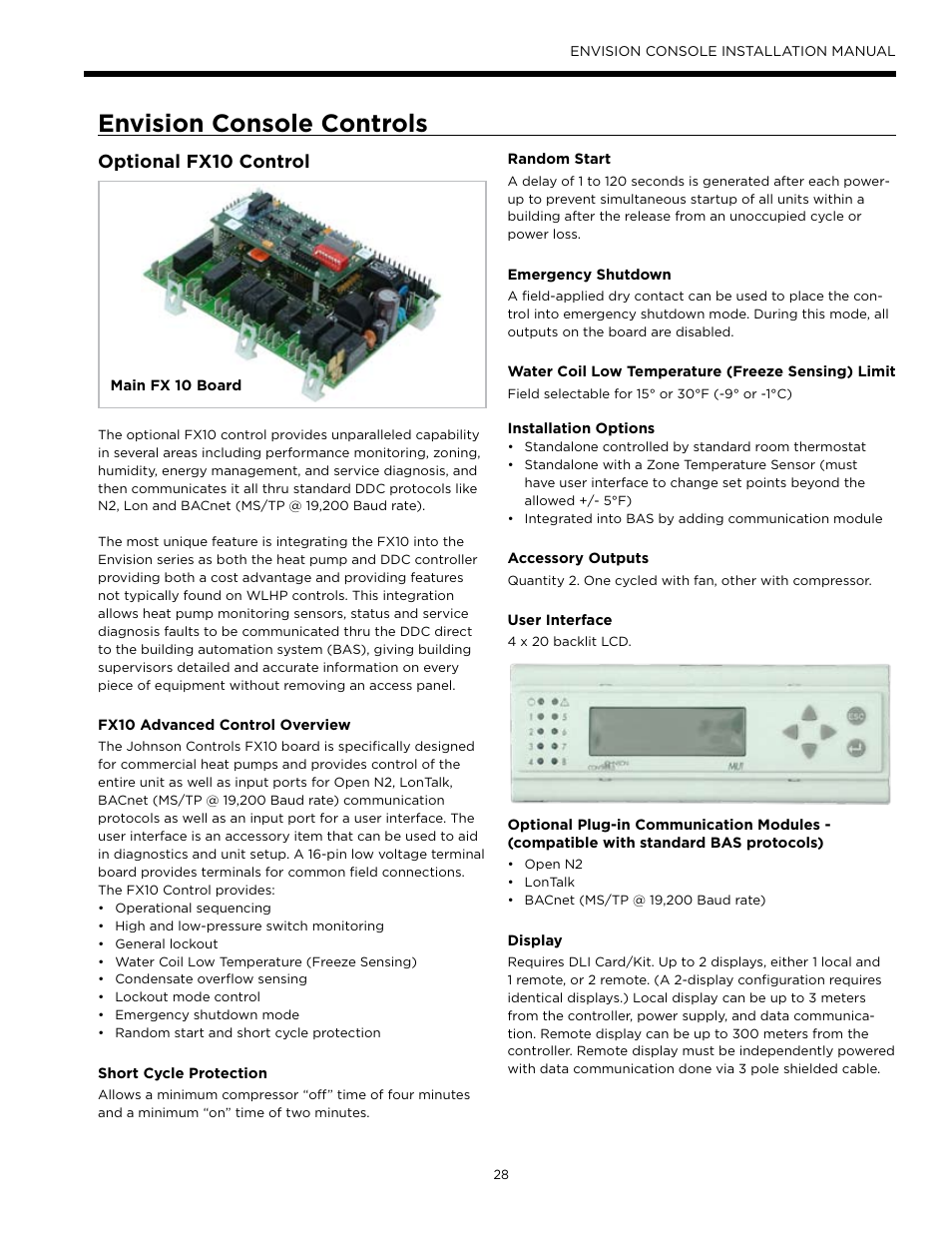 Envision console controls, Optional fx10 control | Envision Peripherals Water-Furnace IM1609 10 User Manual | Page 29 / 48