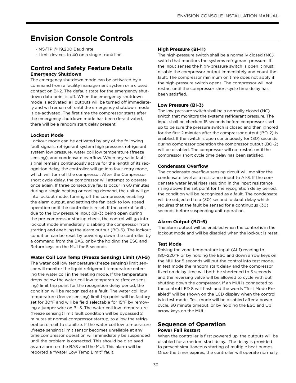Envision console controls, Control and safety feature details, Sequence of operation | Envision Peripherals Water-Furnace IM1609 10 User Manual | Page 31 / 48