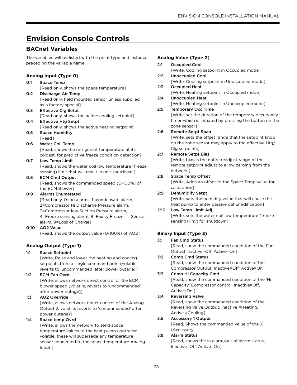 Envision console controls, Bacnet variables | Envision Peripherals Water-Furnace IM1609 10 User Manual | Page 39 / 48