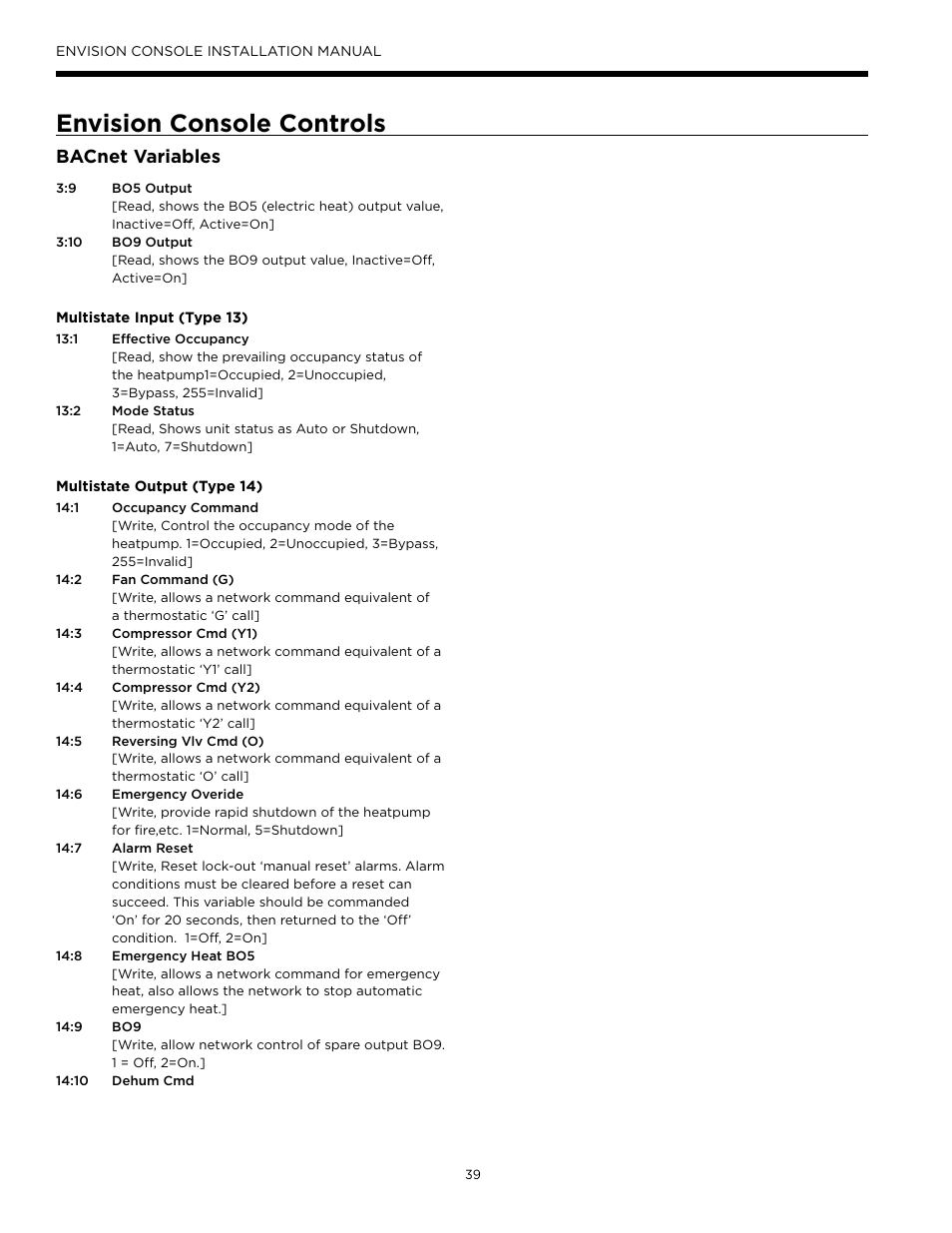 Envision console controls, Bacnet variables | Envision Peripherals Water-Furnace IM1609 10 User Manual | Page 40 / 48