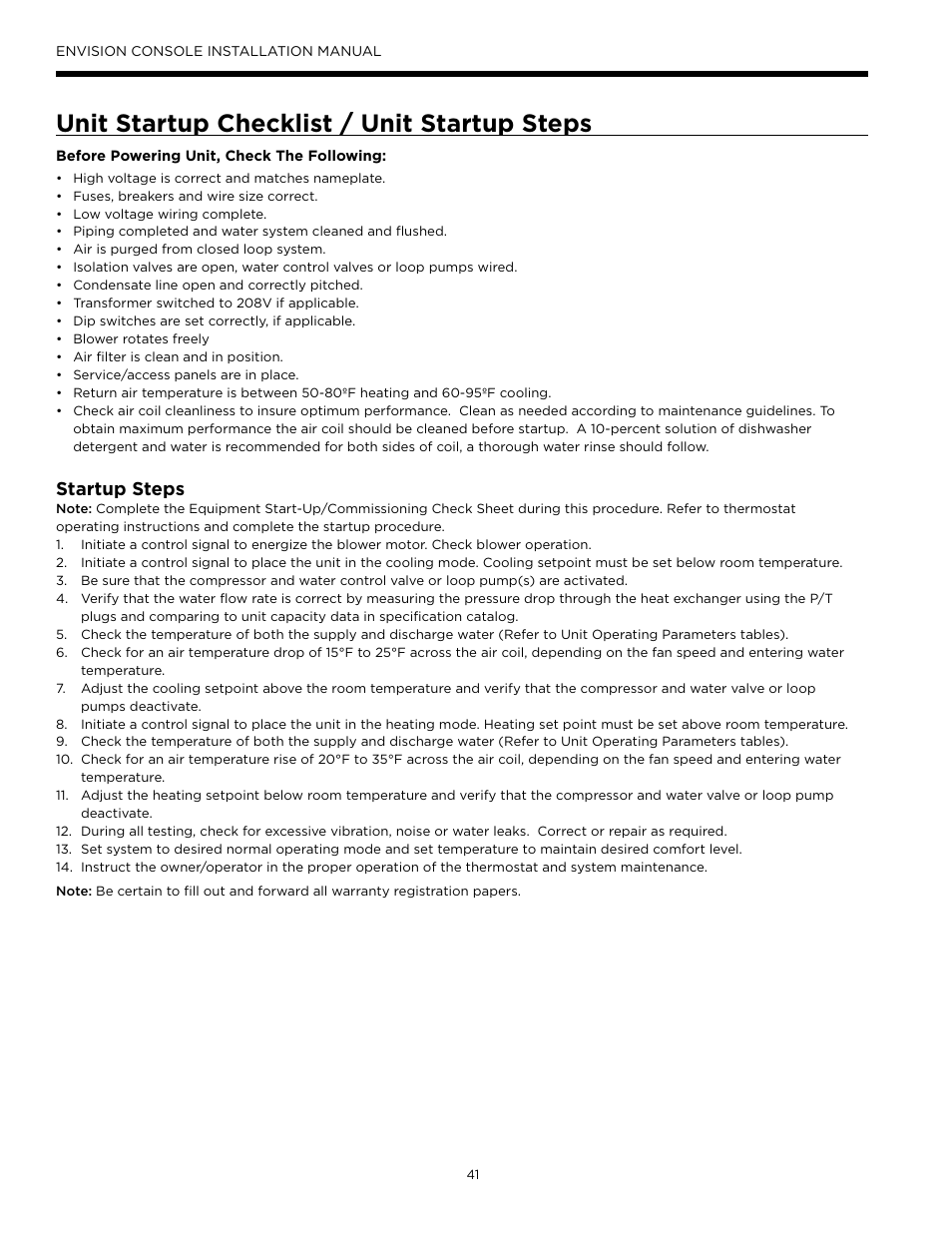 Unit startup checklist / unit startup steps, Startup steps | Envision Peripherals Water-Furnace IM1609 10 User Manual | Page 42 / 48