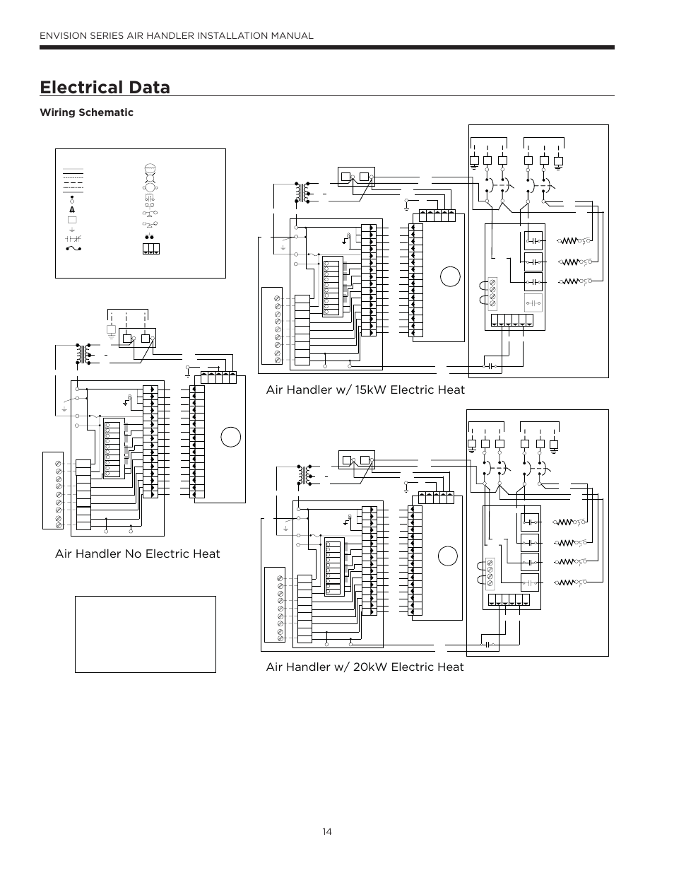 Electrical data, W`6o\rzs`<]3zsqb`wq6sob, W`6o\rzs`e#ye3zsqb`wq6sob | W`6o\rzs`e ye3zsqb`wq6sob, Wiring schematic, 14 envision series air handler installation manual, Legend | Envision Peripherals IM1603 User Manual | Page 15 / 22