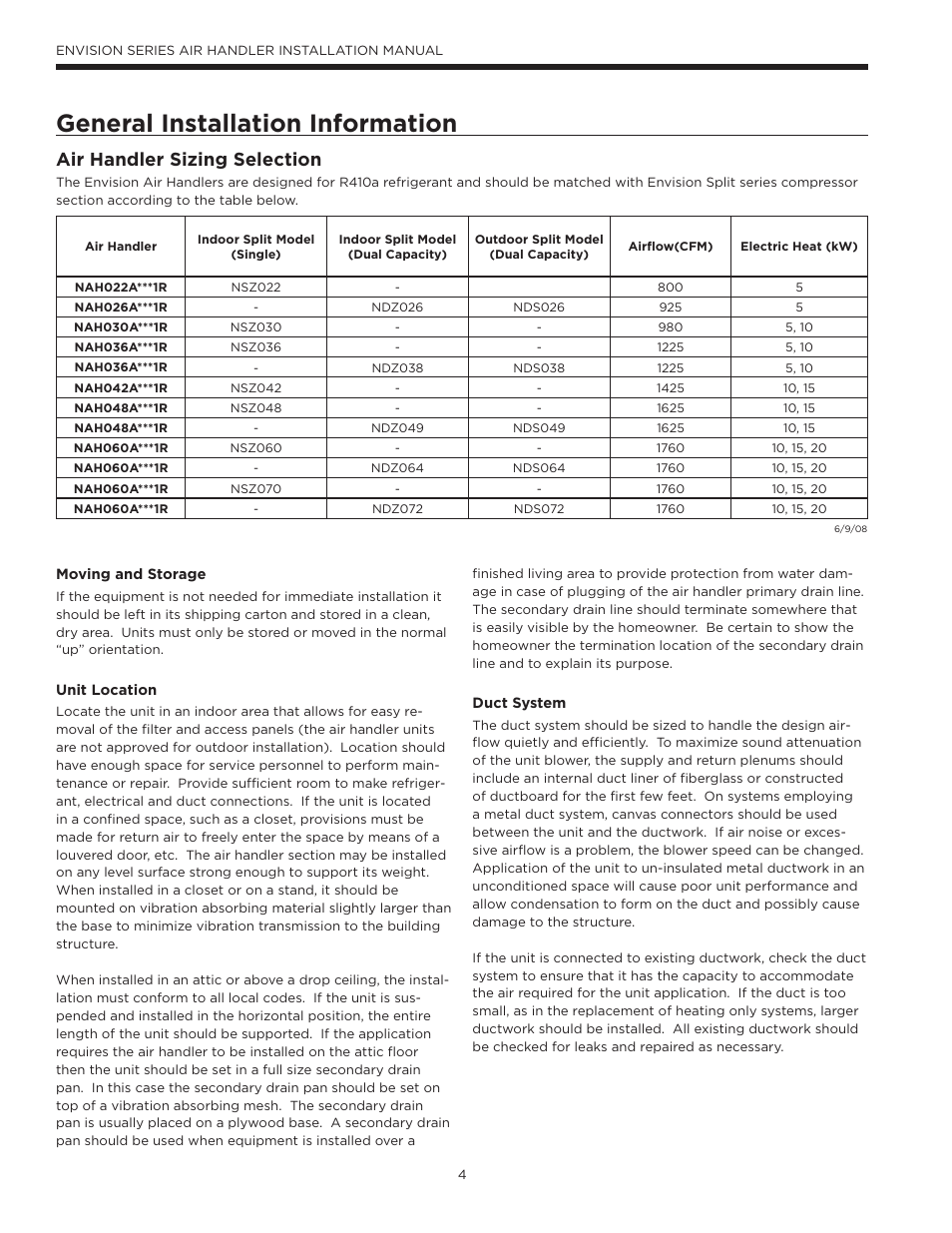 General installation information, Air handler sizing selection | Envision Peripherals IM1603 User Manual | Page 5 / 22